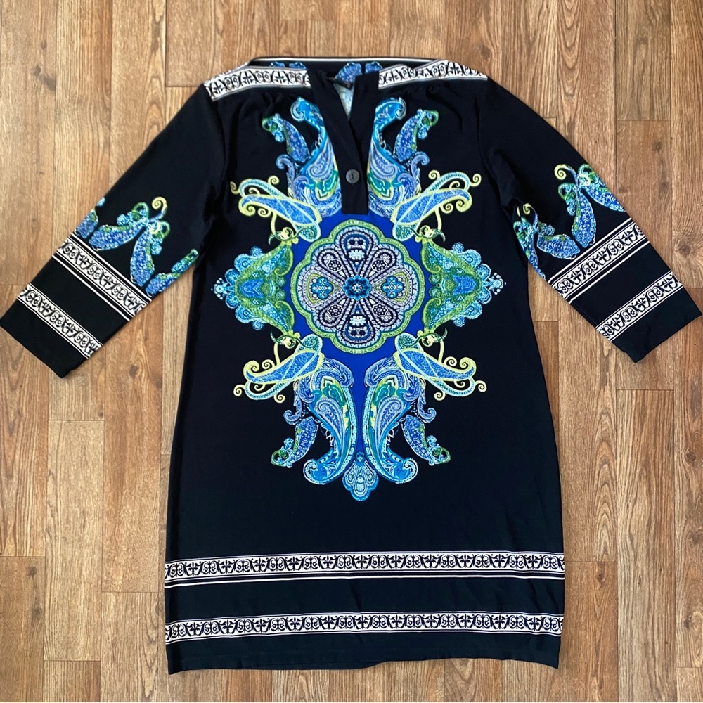 En Focus Black White Paisley Teal Stretch Jersey Shift Dress 3/4 Sleeve 16